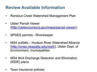 Review Available Information
• Rondout Creek Watershed Management Plan
• Ulster Parcel Viewer
(http://ulstercountyny.gov/maps/parcel-viewer/)
• SPDES permits - Riverkeeper
• MS4 outfalls – Hudson River Watershed Alliance
(http://crreo.newpaltz.edu/ms4/), Ulster Dept. of
Environment, municipalities
• MS4 Illicit Discharge Detection and Elimination
(IDDE) plans
• Town insurance policies
 