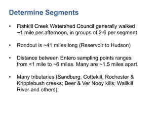 Determine Segments
• Fishkill Creek Watershed Council generally walked
~1 mile per afternoon, in groups of 2-6 per segment
• Rondout is ~41 miles long (Reservoir to Hudson)
• Distance between Entero sampling points ranges
from <1 mile to ~6 miles. Many are ~1.5 miles apart.
• Many tributaries (Sandburg, Cottekill, Rochester &
Kripplebush creeks; Beer & Ver Nooy kills; Wallkill
River and others)
 