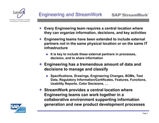 Engineering and StreamWork
Assisting Companies Leverage
Investments in SAP Solutions




                                 Every Engineering team requires a central location where
                                 they can organize information, decisions, and key activities
                                 Engineering teams have been extended to include external
                                 partners not in the same physical location or on the same IT
                                 infrastructure
                                    It is key to include these external partners in processes,
                                    decision, and to share information

                                 Engineering has a tremendous amount of data and
                                 decisions to manage and classify
                                    Specifications, Drawings, Engineering Changes, BOMs, Test
                                    Data, Regulatory Information/Certificates, Features, Functions,
                                    Usability Reports, Color Decisions, …

                                 StreamWork provides a central location where
                                 Engineering teams can work together in a
                                 collaborative environment supporting information
                                 generation and new product development processes

                                                                                                 Page 2
 
