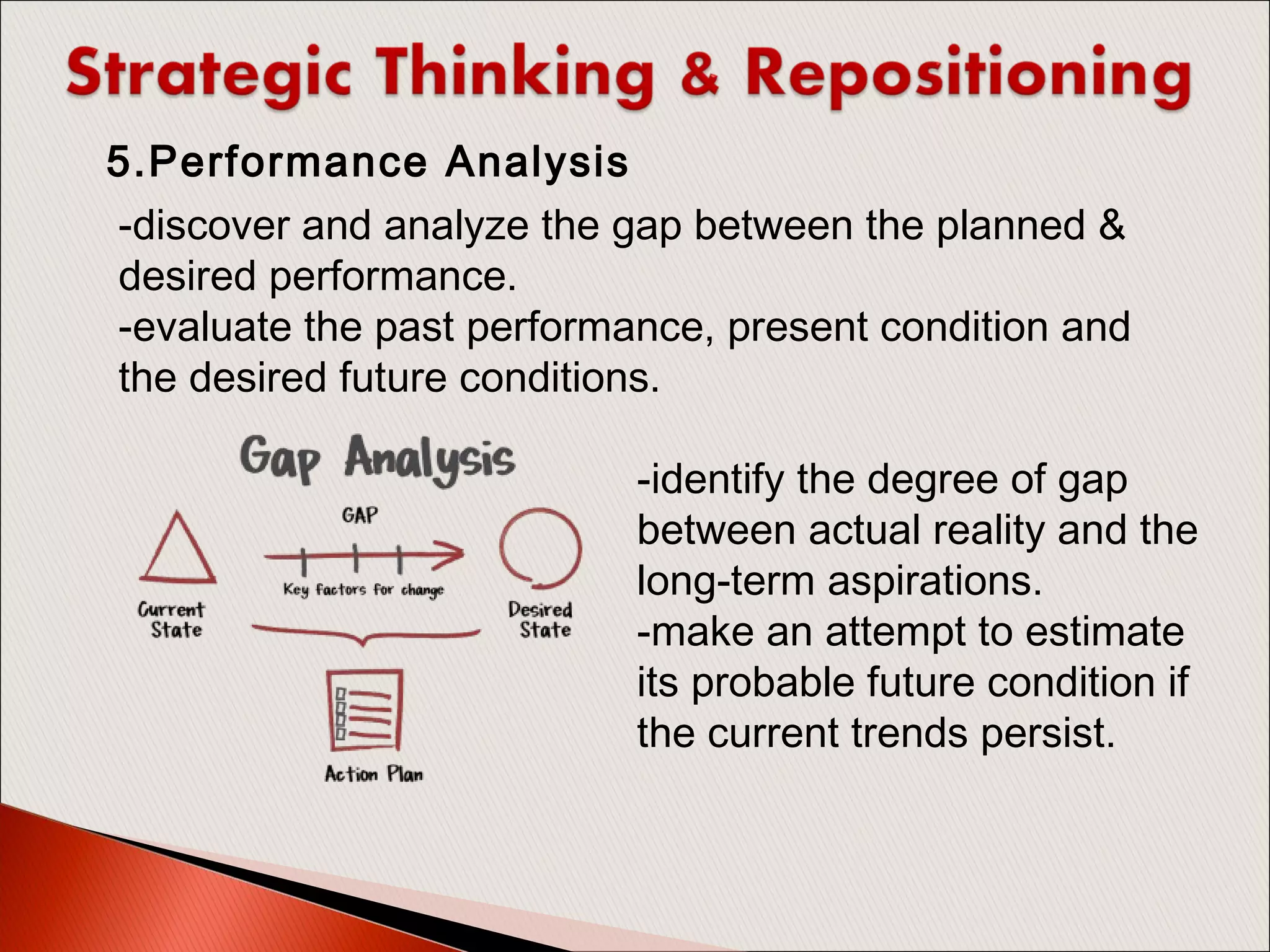 -discover and analyze the gap between the planned &
desired performance.
-evaluate the past performance, present condition and
the desired future conditions.
5.Performance Analysis
-identify the degree of gap
between actual reality and the
long-term aspirations.
-make an attempt to estimate
its probable future condition if
the current trends persist.
 