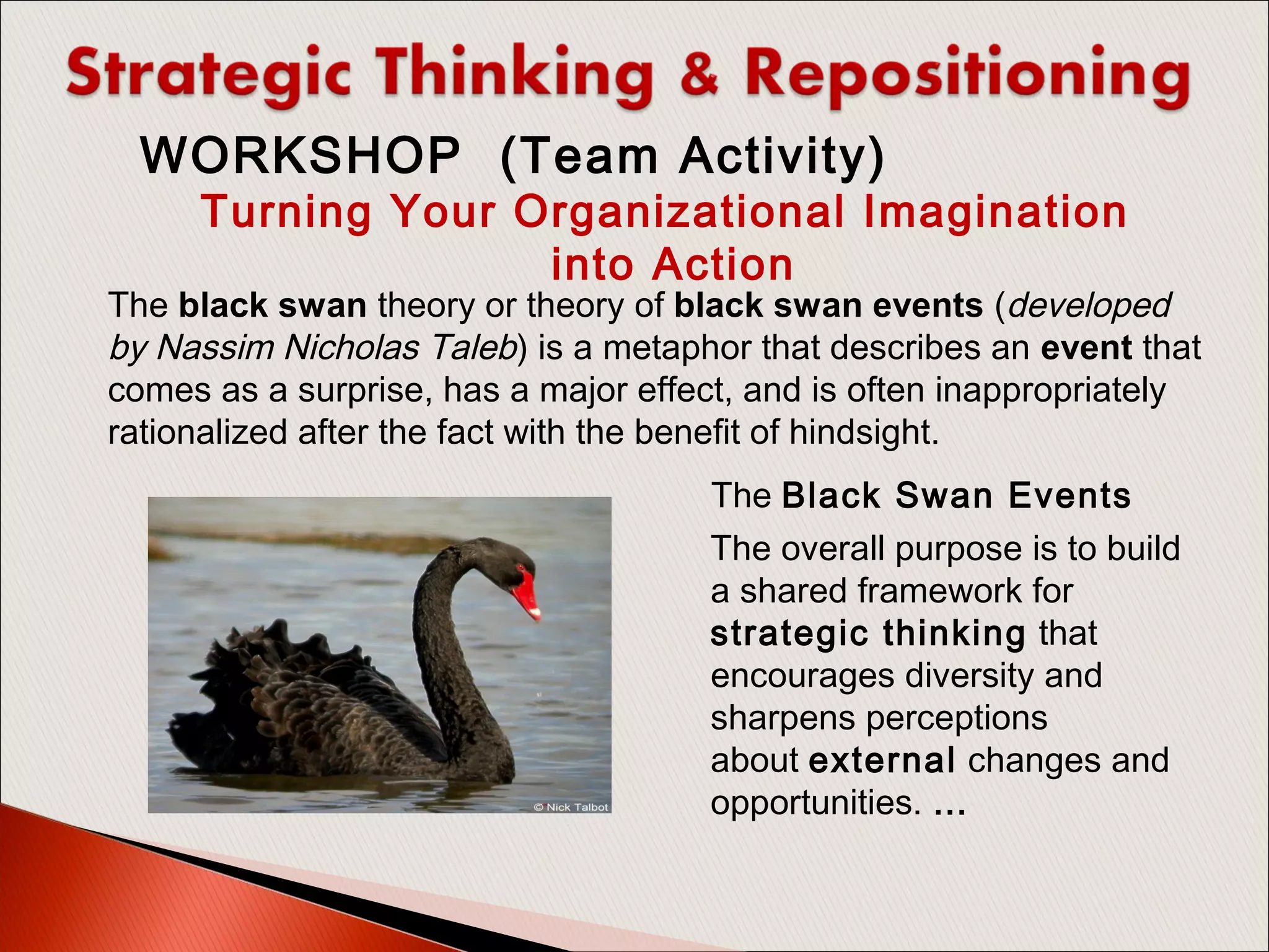 The overall purpose is to build
a shared framework for
strategic thinking that
encourages diversity and
sharpens perceptions
about external changes and
opportunities. …
WORKSHOP (Team Activity)
Turning Your Organizational Imagination
into Action
The black swan theory or theory of black swan events (developed
by Nassim Nicholas Taleb) is a metaphor that describes an event that 
comes as a surprise, has a major effect, and is often inappropriately 
rationalized after the fact with the benefit of hindsight.
The Black Swan Events
 