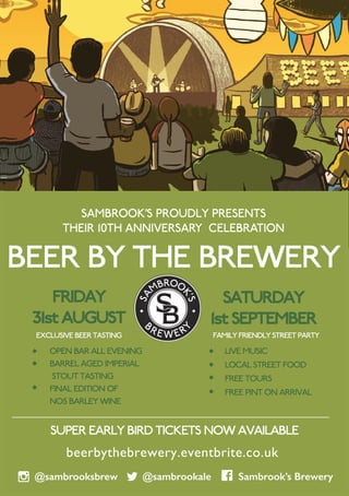 beerbythebrewery.eventbrite.co.uk
@sambrooksbrew @sambrookale Sambrook’s Brewery
SAMBROOK’S PROUDLY PRESENTS
THEIR 10TH ANNIVERSARY CELEBRATION
BEER BY THE BREWERY
FRIDAY
31st AUGUST
SATURDAY
1st SEPTEMBER
OPEN BAR ALL EVENING
BARREL AGED IMPERIAL
STOUT TASTING
FINAL EDITION OF
NO5 BARLEY WINE
◆
◆
◆
◆
◆
◆
◆
LIVE MUSIC
LOCAL STREET FOOD
FREE TOURS
FREE PINT ON ARRIVAL
EXCLUSIVE BEER TASTING FAMILY FRIENDLY STREET PARTY
SUPER EARLY BIRD TICKETS NOW AVAILABLE
 
