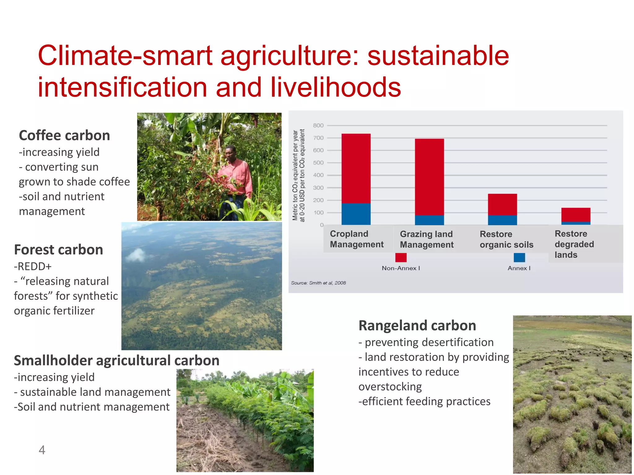 4 
Climate-smart agriculture: sustainable intensification and livelihoodsCropland ManagementGrazing land Management 
Restore organic soilsRestore degraded landsCoffee carbon 
-increasing yield 
-converting sun grown to shade coffee-soil and nutrient management 
Forest carbon 
-REDD+ -“releasing natural forests” for synthetic or organic fertilizer 
Smallholder agricultural carbon-increasing yield-sustainable land management-Soil and nutrient managementRangeland carbon-preventing desertification 
-land restoration by providing incentives to reduce overstocking 
-efficient feeding practices  