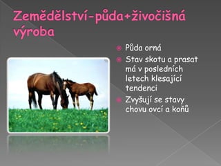 Zemědělství-půda+živočišná výrobaPůda ornáStav skotu a prasat má v posledních letech klesající tendenciZvyšují se stavy chovu ovcí a koňů