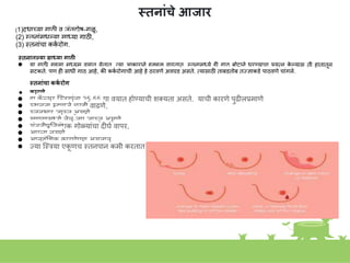 स्तनांचे आजार
(1)दुधाच्या गाठी व जांतुदोष-गळू,
(2) स्त्तिाांमधल्या साध्या गाठी,
(3) स्त्तिाांचा कक
क रोग.
स्तनातल्या साध्या गाठी
● या गाठी सहसा मध्यम वयात येतात. तया आकारािे हळूहळू वाढतात. स्त्तिामध्ये ही गाठ बोटािे धरण्याचा प्रयति क
े ल्यास ती हातातूि
सटकते. पण ही साधी गाठ आहे, की कक
क रोगाची आहे हे ठरवणे अवघड असते. तयासाठी ताबडतोब तज्ज्ज्ञाकडे पाठवणे चाांगले.
स्तनांचा कक
य रोग
● कारणे
● हा क
ॅ न्सर स्त्स्त्रयाांिा 35-55 या वयात होण्याची िक्यता असते. याची कारणे पुढीलप्रमाणे
● स्त्थूलता म्हणजे चरबी वाढणे,
● स्त्तिभार जास्त्त असणे,
● खाण्यामध्ये तेल-तूप जास्त्त असणे,
● सांततीप्रनतबांधक गोळयाांचा दीघक वापर,
● अपतय िसणे
● आिुवांशिक कारणेपण असतात.
● ज्ज्या स्त्स्त्रया एक
ू णच स्त्तिपाि कमी करतात तयाांिा कक
क रोगाचा धोका थोडा जास्त्त असतो.
 