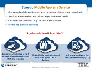 © Restricted - IBM & Business Partner Only
Streebo Mobile App as a Service
So, who could benefit from ‘MaaS’
Companies with limited or no IT
and Digital/Mobile development
skills and resources
Digital/Mobile applications need
have come from a Line of
Business
LoB is very sensitive to the
Total Cost of Ownership (TCO)
 On-demand mobile solutions and apps can be hosted on-premise or on cloud
 Solutions are customised and tailored as per customers’ needs
 Customers can choose to “Buy” or “Lease” the solution
 Mobile app available as service
 