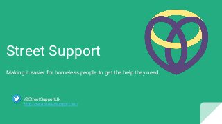 Street Support
Making it easier for homeless people to get the help they need
@StreetSupportUk
http://beta.streetsupport.net/
 