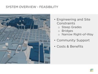 •  Engineering and Site
Constraints
o  Steep Grades
o  Bridges
o  Narrow Right-of-Way
•  Community Support
•  Costs & Benefits
SYSTEM OVERVIEW - FEASIBILITY
 