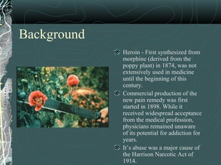 Background
Heroin - First synthesized from
morphine (derived from the
poppy plant) in 1874, was not
extensively used in medicine
until the beginning of this
century.
Commercial production of the
new pain remedy was first
started in 1898. While it
received widespread acceptance
from the medical profession,
physicians remained unaware
of its potential for addiction for
years.
It’s abuse was a major cause of
the Harrison Narcotic Act of
1914.
 