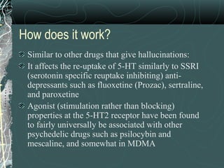 How does it work?
Similar to other drugs that give hallucinations:
It affects the re-uptake of 5-HT similarly to SSRI
(serotonin specific reuptake inhibiting) anti-
depressants such as fluoxetine (Prozac), sertraline,
and paroxetine
Agonist (stimulation rather than blocking)
properties at the 5-HT2 receptor have been found
to fairly universally be associated with other
psychedelic drugs such as psilocybin and
mescaline, and somewhat in MDMA
 