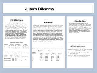 Juan's Dilemma Acknowledgements The following voltages were produced by lemon-battery combinations of zinc and copper (Zn-Cu). Parallel  Series Number of lemons  Voltage  Current  Voltage  Current (V)  (mA)  (V)  (mA) 1  0.933  0.045  0.933  0.045 2  0.800  0.800  1.736  0.040 3  0.731  0.132  2.58  0.038 4  0.770  0.143  3.27  0.038 Conclusion  The following chart represents the results from the experiment and shows what it would take for Juan to power the LED light therefore solving the dilemma. Oxidation and reduction reactions are an important component of students' chemistry understanding, yet high school students frequently fail to grasp this abstract process (Schmidt, Marohm, and Harrison 2007). The hands-on experiment presented in this article actively guides students through an interesting problem that delivers a conceptual understanding of the electron transfer process, while integrating chemistry with the study of electric circuits. Chang, R. 2007. Chemistry. 9th ed. New York: McGraw-Hill. Goodisman,  J. 2001. Observations on lemon  cells. Journal of Chemical  Education 78 (4): 516-518. Hunt, V., et. al. Juan's Dilemma.  The Science Teacher  v. 77   no. 7   (October 2010) p. 52-6  Schmidt, H.J., A. Marohm, and A.G. Harrison. 2007. Factors that  prevent learning in electrochemistry. Journal of Research in  Science Education 44 (2): 258-283.   Introduction The Dilemma- Juan's team has just arrived at the National Radio-Controlled (RC) Car Championships when he realizes that he has left the battery for their battery-powered car at home. It is a two-hour drive to the local RC shop, and the qualifying heat begins in one hour -- so his team has to think fast. They must be able to light up the car's light-emitting diode (LED), a small electronic device, to avoid being disqualified. If they can find a way to create a makeshift battery for this device, they might be able to make it to the next round. In the meantime, Juan's father can drive to the nearest RC shop and pick up a new battery before the second heat begins.  Remembering it only takes 3 volts to power this small LED light the team decides to take advise from a goofy lemonade vendor that mentioned lemons could solve their problem.  Now, the classroom must recreate this dilemma to see if this could have really worked.   Experimentally produced voltages Reference  Zinc (Zn)  Copper (Cu)  Lead (Pb) Pb = 0.512V  Pb = -0.435V  Zn = -0.492V Volts  Cu = 0.956V  Zn = -0.925V  Cu = 0.432V Zn = 0.000V  Cu = 0.000V  Pb = 0.000V These voltages were produced with respect to the electrochemical series, using lead as the reference metal Lead (Pb) as a  Voltage  Gains  Loses reference  (V)  Metal  electrons  electrons  Neither Most positive voltage  0.432  Cu  X 0.000  Pb  X Least positive voltage  -0.492  Zn  X Methods In the first activity, students are guided to puncture a single lemon with three dissimilar metals -- zinc (Zn), lead (Pb), and copper (Cu). A DMM is then used to confirm that small voltages are produced across different combinations of these metals. Students are guided to systematically measure the voltage produced by each combination, using each metal in turn as a common ground or reference. The different combinations yield a hierarchy of voltages, which may be positive or negative.  Once students have a working knowledge of the relative effects that dissimilar metals play in electrochemical voltage production, they are ready to design and construct a solution to Juan's dilemma (step-by-step lab instructions are available 'On the web'). It can be fun to make this a competition between student teams, but students can also work individually.  One lemon battery is unlikely to yield a voltage greater than 0.9-1.0V, so we reiterate that Juan's dilemma requires lighting an LED with a minimum of 3V and an adequate amount of current (we tell students that 10-15 milliamps is generally sufficient to produce a &quot;glow,&quot; but they can also research this question -- online or in the library -- as a preactivity homework assignment). We remind students how to use multiple batteries in series and parallel configurations to meet these minimum power requirements.  Students choose the metals they wish to use for electrodes -- using data from the first activity -- and then experiment with different configurations for their lemon batteries. The goal is to produce sufficient voltage and current to light the LED. In our experience, three copper -- zinc lemon batteries connected in series -- with copper connected to the positive lead of the LED and zinc connected to the negative -- works best.   