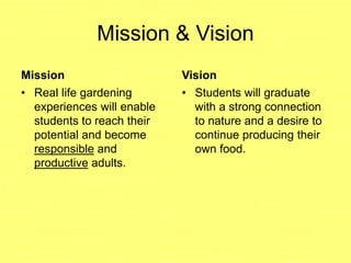 Mission & Vision
Mission
• Real life gardening
experiences will enable
students to reach their
potential and become
responsible and
productive adults.
Vision
• Students will graduate
with a strong connection
to nature and a desire to
continue producing their
own food.
 