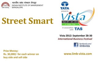 Street
         Smart
                                                Challenge Convention
                                                       Transform Tomorrow

The next big wave of alternative investments:         Vista 2012: September 28-30
                               “Renewables”         International Business Festival



Prize Money:
Rs. 30,000/- for each winner on                          www.iimb-vista.com
buy side and sell side
 