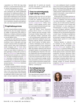 Aleksandra
Dajerling
Certyfikowany PMP®, PMI Citizen Developer
Practitioner & Business Architect, Risk Mana-
ger. Aktywnie wspiera rozwój dobrych praktyk
zarządzania projektami w Polsce i na świecie.
Entuzjastka Life-Long Learning. Posiada bo-
gate doświadczenie w środowisku międzyna-
rodowym. Współpracowała z organizacjami
z Europy, Azji oraz obu Ameryk, a w przeszłości
mieszkała w Turcji i Wielkiej Brytanii. Uwielbia
podróżować, poznawać historię i obyczaje in-
nych kultur, w szczególności regionów Bliskie-
go Wschodu i Ameryki Łacińskiej.
mami przez wydobywanie danych na przykład
z ekranu lub za pomocą interfejsów API. Przykła-
dowo, można stworzyć bota, który loguje się do
aplikacji, manipuluje plikami/folderami, kopiuje
i wkleja zawartość, wypełnia formularze, pracuje
z danymi strukturalnymi, a nawet wchodzi w in-
terakcje z innymi aplikacjami.
Korzyścią jest fakt, iż narzędzia tego typu wy-
magają małej ilości kodowania lub nie wymagają
go w ogóle. Dodatkowo nasze boty korzystają
z tej samej infrastruktury i rozwiązań co pra-
cownicy, więc nie trzeba zmieniać architektury
bazowej czy procesów w firmie. Ponadto więk-
szość oferowanych na rynku programów jest
interoperacyjnych, co oznacza, że współpracu-
ją z innymi istniejącymi aplikacjami. Posiadają
również możliwość łączenia się z systemowymi
interfejsami API oraz odczytywania/zapisywania
w bazach danych. Pozwalają na wyodrębnianie
danych z witryn internetowych i mediów spo-
łecznościowych. Następnie pozwalają na wpro-
wadzanie danych, łączenie ich (z wielu źródeł)
w jednym miejscu.
Wcześniej napisałam, że większość z Was
ma możliwość już teraz skorzystania z jed-
nego takiego narzędzia. Dla przykładu Power
Automate Desktop jest narzędziem dostęp-
nym bezpłatnie w systemach Windows 10 i 11
(w tym ostatnim także instalowany domyślnie).
Potrafi wykonać żmudne i powtarzalne zadania.
Uzupełnianie formularzy, generowanie faktur,
raportów i innych plików, wysyłka maili, zbiera-
nie danych ze stron internetowych. Wymieniać
można długo. Te wszystkie zadania można, a na-
wet trzeba zautomatyzować! Przy użyciu tego
prostego narzędzia nie potrzeba specjalnych
umiejętności. Większość czynności można do-
słownie wyklikać!
naprawdę dużo. Ta czynność jest stosunko-
wo prosta. Teraz pytanie: co należy zrobić, aby
część z nich zautomatyzować?
Czas na automatyzację,
czyli roboty w akcji
Zbudujemy robota, który zrobi to za nas! Brzmi
abstrakcyjnie? Być może, ale gwarantuję Wam,
że ponad 90% czytelników niniejszego arty-
kułu posiada w ramach własnych zasobów od-
powiednie oprogramowanie. Wiedzę można
pozyskać z szeroko pojętego internetu, ponie-
waż na tym etapie kluczową kwestią jest znajo-
mość przynajmniej jednej technologii.
Rynek RPA (Robotic Process Automation)
przeżywa obecnie renesans i to nie bez przy-
czyny. Programy tego typu korzystają z botów
do symulacji interakcji między ludźmi w obrę-
bie graficznego interfejsu użytkownika (GUI)
w celu automatyzowania powtarzalnych zadań
poprzez definiowanie przepływów pracy do wy-
konywania logicznej sekwencji wyznaczonych
zadań. Taki bot szybciej i bez błędów wykonu-
je dowolny wieloetapowy proces. Oznacza to,
że pomaga przyspieszyć procesy wykonywane
dotychczas ręcznie, a tym samym podatne na
błędy. Dla przykładu, wyobraźmy sobie dział HR
(szczególnie podatny na automatyzację), który
bez wykwalifikowanych ekspertów może wdro-
żyć narzędzie RPA, aby zautomatyzować sposób
przetwarzania procesów, na przykład wniosków
o urlop. Nasz pracownik działu HR nie musi spę-
dzać czasu na przetwarzaniu każdego wniosku
reszty pracowników, ponieważ to bot wyodręb-
nia dane z platformy planowania zasobów przed-
siębiorstwa firmy i przetwarza wniosek do innej
platformy – automatycznie.
Co takiego jeszcze
potrafią programy
do automatyzacji?
Boty mogą wykonywać przypisane akcje i wcho-
dzić w interakcje z innymi platformami/progra-
z poprawkami, tzw. TO-BE. Obie mapy należy
porównać, co pozwoli dosłownie dostrzec różni-
ce, wyliczyć zaoszczędzony czas i koszty.
Już na tym etapie można wprowadzić wiele
zmian operacyjnych bez budowy jakiejkolwiek
automatyzacji czy dedykowanej aplikacji. Prak-
tyka pokazuje, że często w dużych organizacjach
proste zadania wykonywane są przez kilka osób
jednocześnie, co jest ewidentnym marnowaniem
potencjału pracowników. Etap ten pozwala rów-
nież na sprawdzenie obciążenia poszczególnych
osób, a tym samym optymalne rozłożenie zadań.
Przykładowy proces
Dla celów niniejszej publikacji przedstawię przy-
kładową formę, jaką może przyjąć mapowanie.
Ze względu na ograniczoną liczbę znaków pu-
blikacji praca nie będzie przedstawiała żadnego
konkretnego przykładu, ponieważ wymagałoby
to znacznej objętości tekstu.
Przyjrzyjmy się, w jaki sposób zacząć. Założe-
niem jest znajomość zadań lub chęć ich poznania
od podstaw, a więc co, kiedy, gdzie i przez kogo
(i w jakim czasie) jest robione. Za przykład niech
posłuży poniższa tabela, gdzie przedstawione
zostały następujące pola: NK (numer kroku),
NKK (numer kolejnego kroku), zadanie (to nic
innego niż nazwa zadania do wykonania), opis
(opis wyjaśniający co należy zrobić w ramach za-
dania), dokumenty/system (jakie dokumenty i/
lub oprogramowanie powiązane są z zadaniem),
RACI (to chyba nie wymaga tłumaczenia), czas
AS-IS (potrzebny na wykonanie zadania), czas
TO-BE (potrzebny na wykonanie zadania po re-
komendacjach), ocena (nasza ocena, czy zadanie
wymaga poprawy), rekomendacje (wskazówki,
jak usprawnić proces).
Jak widać, w pierwszej kolejności nasza praca
ma charakter dokładnego poznania poszczegól-
nych kroków. Możliwie jest dokładne zmierzenie
czasu, a może nawet kosztu. Dalej należy przyj-
rzeć się, czy występują zadania, które się dublują,
czy wykonuje je więcej niż jedna osoba, a może
część z nich jest niepotrzebna. Możliwości jest
Tab. 1. Tabela zadań
Źródło: opracowanie własne
NK NKK Zadanie Opis Dokumenty/system RACI
Czas
AS-IS
Ocena Rekom.
Czas
TO-BE
1 2
Rozpoczęcie
procesu
E-mail + załącznik 3 godziny Poprawa 5 minut
2 3 Zadanie 1 Kontakt telefoniczny 2 godziny –
3 4 Zadanie 2 System wewnętrzny 10 minut –
4 5 Zadanie 3 Kontakt telefoniczny 1 dzień Poprawa 5 godzin
5 6 Zadanie 4 Raport 1 dzień Poprawa 2 godziny
6 7 Zadanie 5 E-mail 20 minut Poprawa 5 minut
7
Zakończenie
procesu
E-mail –
ok. 2 dni
Mniej niż
1 dzień
Strefa PMI, nr 39, Listopad 2022, www.strefapmi.pl 45
 