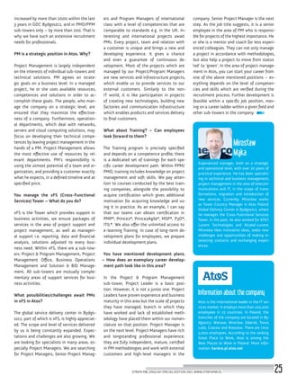 Mirosław
Mąka
Information about the company
Experienced manager, both on a strategic
and operational level, with over 20 years of
practical experience. He has been specializ-
ing in technical and business management,
project management in the area of telecom-
munications and IT, in the scope of trans-
formations, migration and introduction of
new services. Currently, Mirosław works
as Tower Country Manager in Atos Poland
Global Delivery Center in Bydgoszcz, where
he manages the Cross-Functional Services
Tower. In the past, he also worked for AT&T,
Lucent Technologies and Alcatel-Lucent.
Mirosław likes innovative ideas, seeks new
challenges and opportunities of making in-
teresting contacts and exchanging experi-
ences.
Atos is the international leader in the IT ser-
vices market. It employs more than 100,000
employees in 72 countries. In Poland, the
branches of the company are located in By-
dgoszcz, Warsaw, Wroclaw, Gdansk, Torun,
Lodz, Cracow and Rzeszow. There are circa
5,000 employees. According to the ranking
Great Place to Work, Atos is among the
Best Places to Work in Poland. More infor-
mation: kariera.pl.atos.net
increased by more than 2000 within the last
3 years in GDC Bydgoszcz, and in PMO/PPM
sub-towers only – by more than 200. That is
why we have such an extensive recruitment
needs for professionals.
PM is a strategic position in Atos. Why?
Project Management is largely independent
on the interests of individual sub-towers and
technical solutions. PM agrees on strate-
gic goals on a business level. In a managed
project, he or she uses available resources,
competences and solutions in order to ac-
complish these goals. The people, who man-
age the company on a strategic level, are
ensured that they maximize the effective-
ness of a company. Furthermore, operation-
al departments, which deal with networks,
servers and cloud computing solutions, may
focus on developing their technical compe-
tences by leaving project management in the
hands of a PM. Project Management allows
the most effective use of resources by rel-
evant departments. PM’s responsibility is
using the utmost potential of a team and or-
ganization, and providing a customer exactly
what he expects, in a defined timeline and at
specified price.
You manage the xFS (Cross-Functional
Services) Tower – What do you do?
xFS is the Tower which provides support in
business activities, we ensure packages of
services in the area of project support and
project management, as well as manageri-
al support i.e. reporting, data and financial
analysis, solutions adjusted to every busi-
ness need. Within xFS, there are 4 sub-tow-
ers: Project & Program Management, Project
Management Office, Business Operations
Management and Solution & BiD Manage-
ment. All sub-towers are mutually comple-
mentary areas of support services for busi-
ness activities.
What possibilities/challenges await PMs
in xFS in Atos?
The global service delivery center in Bydgo-
szcz, part of which is xFS, is highly appreciat-
ed. The scope and level of services delivered
by us is being constantly expanded. Expec-
tations and challenges are also growing. We
are looking for specialists in many areas, es-
pecially Project Managers. We are searching
for Project Managers, Senior Project Manag-
ers and Program Managers of international
class with a level of competencies that are
comparable to standards e.g. in the UK. In-
teresting and international projects await
PMs. Every project, team and relation with
a customer is unique and brings a new and
developing experience. It gives a chance
and even a guarantee of continuous de-
velopment. Most of the projects which are
managed by our Project/Program Managers
are new services and infrastructure projects,
which enable us to provide services to our
external customers. Similarly to the non-
IT world, it is like participation in projects
of creating new technologies, building new
factories and communication infrastructure
which enables products and services delivery
to final customers.
What about Training? – Can employees
look forward to them?
The Training program is precisely specified
and depends on a competence profile; there
is a dedicated set of trainings for each spe-
cific career development path. Within PPM/
PMO, training includes knowledge on project
management and soft skills. We pay atten-
tion to courses conducted by the best train-
ing companies, alongside the possibility to
acquire certification which gives additional
motivation for acquiring knowledge and us-
ing it in practice. As an example, I can say
that our teams can obtain certification in
PMP®, Prince2®, Prince2Agile®, MSP®, P3O®,
ITIL®. We also offer the unlimited access to
e-learning Training. In case of long-term de-
velopment plans for employees, we prepare
individual development plans.
You have mentioned development plans.
– How does an exemplary career develop-
ment path look like in this area?
In the Project & Program Management
sub-tower, Project Leader is a basic posi-
tion. However, it is not a junior one. Project
Leaders have proven experience and business
maturity in this area but the scale of projects
they have managed, branch in which they
have worked and lack of established meth-
odology have placed them within our nomen-
clature on that position. Project Manager is
on the next level. Project Managers have rich
and longstanding professional experience;
they are fully independent, mature, certified
in PM methodologies and work with external
customers and high-level managers in the
company. Senior Project Manager is the next
step. As the job title suggests, it is a senior
employee in the area of PM who is responsi-
ble for projects of the highest importance. He
or she is a mentor and coach for less experi-
enced colleagues. They can not only manage
a project in accordance with methodologies,
but also help a project to move from status
‘red’ to ‘green’. In the area of project manage-
ment in Atos, you can start your career from
one of the above mentioned positions – ev-
erything depends on the level of competen-
cies and skills which are verified during the
recruitment process. Further development is
feasible within a specific job position, mov-
ing on a career ladder within a given field and
other sub-towers in the company.
STREFA PMI, ENGLISH SPECIAL EDITION 2017, WWW.STREFAPMI.PL 25
 