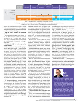 Mark Smalley is an IT Management Consul-
tant at Smalley.IT. He is affiliated with the
non-profit ASL BiSL Foundation, APMG-In-
ternational, GamingWorks and Pink Ele-
phant. Mark is an inaugural member of the
industry initiatives Service Management
Congress and Taking Service Forward. Mark
is also known as The IT Paradigmologist,
and has spoken to thousands of IT profes-
sionals about ASL, BABOK, BiSL, COBIT,
ISO 20000 & 38500, ITIL, TOGAF and other
frameworks and standards at more than 100
events on 4 continents. Connect with Mark
on LinkedIn, Twitter (@marksmalley) and
mark.smalley@aslbislfoundation.org.
Mark
Smalley
however, the project manager is capable of dealing
with organizational change, he or she can propose
to include this in the project scope. Either way, the
issue has been addressed, not ignored.
How can project managers find this quick
scan?
There’s plenty of information freely available on
the ASL BiSL Foundation website (www.aslbisl-
foundation.org) but it’s probably easier to get in
touch with a human being at the Foundation and
get some free support that is tailored to their par-
ticular needs.
How does this all fit into modern approaches
such as AgilePM?
First we have to view things from the right per-
spective. While AgilePM takes a project lifecycle
point of view, ASL and BiSL look at the informa-
tion system lifecycle. 90% of information sys-
tems live from 3 months to 30 years – on average
about 12 years. And during that time 70%-90% of
the total cost of ownership is spent, as compared
to 10%-30% on the initial project. So on average
there’s a 20:80 divide between the cost of release
1.0 and everything that happens during the active
life of the system. How much of the 80% is related
to projects? Well, about a third of the 80% is relat-
ed to keeping an application up and running, and
therefore two thirds is spent on change. 60% of
change is business-driven, while 40% is technical
change. I’d say that two thirds of the changes are
straightforward enough to be dealt with as part of
an ongoing maintenance process, while the other
changes are financially significant or technically
complex and are therefore treated as projects. So
in addition to the 20% spent on release 1.0, about
25% is spent on project-based maintenance and
renewal.
The way AgilePM and BiSL intersect is many
places [see the attached table]. Imagine that an
information system has been used for 18 months
and that through routine maintenance, the system
has undergone 6 minor releases, so it is now ver-
sion 1.6. BiSL makes a distinction between Stra-
tegic processes in which the longer-term plans
for the information systems are defined, Managing
processes for the major decision-making, Change
for changes to the information system, and Opera-
tions for keeping the system up and running and of
course for its use.
In AgilePM’s Pre-Project phase, the initiative is tak-
en to consider a major release, v2.0. This could be
part of a strategic plan for the information system,
or simply some change requests from business op-
erations that are complex enough to need more rig-
orous management than the regular maintenance
process offers. This coincides with BiSL’s managing
activities, in which the business initiates the proj-
ect and takes decisions.
Business people who are tasked with manag-
ing the information system from their business
perspective, are the ideal candidates to fulfil the
AgilePM business roles Business Sponsor, Business
Visionary, Business Advisor, Business Ambassador
and Business Analyst.
It is also desirable that members of the “perma-
nent” maintenance team participate in the project.
Not only to provide information about the system
that they know intimately, but also to acquire
knowledge of the new changes so that they can act
quickly when urgent maintenance is needed long
after the project is dismantled.
While the project progresses through the next
phases, some urgent maintenance is needed and
version 1.7 is developed and released. This obvi-
ously needs coordination with the project. During
the AgilePM Deployment phase the new release is
taken into production. The project is evaluated in
the Post-Project phase, after which the informa-
tion system continues to be used, supported, main-
tained and managed on a more process-oriented
basis. Until the next project is needed.
So you see how the two approaches interface.
ASL and BiSL recommend that complex and risky
activities should be managed as projects but the
frameworks do not prescribe any particular ap-
proach. This depends on the characteristics of the
specific information systems, the required changes
and the organization. So AgilePM not only interfac-
es with ASL and BiSL from a practical point of view,
but it is also part of the ASL-BiSL philosophy to
work in conjunction with other frameworks, stan-
dards and bodies of knowledge to form a practical
way of working for each organization.
Can you tell us more about the ASL BiSL Foun-
dation?
The ASL BiSL Foundation is based in the Nether-
lands, where it was created in 2002. ASL and BiSL
are the de facto standards for many organizations
in the Netherlands, who often use a proven com-
bination of BiSL plus ASL and ITIL to address their
main IT management concerns.
The Foundation gives an annual award to the
organization that has achieved significant im-
provement by using ASL and/or BiSL. We have
recently published a book with these case studies
at public and private organizations. They reported
benefits in three categories and I’ll mention an ex-
ample in each category: Pure business benefits
– the Dutch Police Force reduced criminality by
persistent offenders by improving how they man-
aged information across various semi-autonomous
Police-departments. IT-related business bene-
fits – Saxion University of Applied Sciences took
control of IT by making governance demand-based
instead of supplier-dominated. Benefits for the IT
department – insurance company Achmea im-
proved their IT services and reduced costs by using
both BiSL and ASL to create a process model that
connected multiple autonomous business divisions
with the centralized IT department
The ASL BiSL Foundation is a membership orga-
nization as relies to a strong degree on enthusiastic
volunteers to support our interests. We now have
ambassadors who represent our interests in Can-
ada, China, France, Germany, India, Japan, Poland,
Portugal, Russia, and the United States.
Table 1 - How BiSL process levels interact with AgilePM processes.
* In the example mentioned in the interview, information system (e.g. web portal) v 1.6 is now running in live/production environment.
Through utilizing AgilePM method organization is planning to release major update, release v2.0.
STREFA PMI, ENGLISH SPECIAL EDITION 2017, WWW.STREFAPMI.PL 47
 