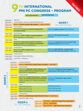 7
PMI PC Congress – PROGRAM
th International
9
09:00–17:00
09:00–17:00
09:00–17:00
Mike Griffiths – „Agile Risk Management for Large Projects”
OCTIGO – „Scrum Droid”
Robert Zyskowski – „Agile Product Owner Foundation”
Dzień 3
26 listopada
NURT MEGA PROJEKTY NURT BEYOND AGILE
Dzień 1
24 listopada
8:00–9:00
10:20–10:40
13:00–14:00
11:40–12:00
15:00–15:20
16:20–17:00
9:00–9:20
17:00–17:30
17:30–21:00
9:20–10:20
10:40–11:40
15:20–16:20
12:00–13:00
14:00–15:00
Rejestracja
Przerwa kawowa
Obiad
Przerwa kawowa
Przerwa kawowa
Przerwa kawowa
Otwarcie Kongresu / Wręczenie nagrody Wolonatariusz Roku
Rozstrzygnięcie Konkursu Projekt Roku
Coctail Party – Networking
SESJA 1 | „Światowe wyzwania mega-projektów” – Virginia E. Greiman
SESJA 2 MP | Panel dyskusyjny: Wyzwania megaprojektów
w warunkach polskich
SESJA 5 MP | „LOTOS – Program na 10+”
Grzegorz Hrycyna
SESJA 4 MP | „Sukces pomimo wszystko - jak udało się
zbudować falochron, choć to teoretycznie niewykonalne?”
Urząd Morski w Szczecinie, Andrzej Borowiec
SESJA 2 BA „Agility in business” Arie van Bennekum
SESJA 5 BA „Agile Leadership - Creating An Agile
Environment By Empowering Individuals" Mike Rawlins
SESJA 4 BA „Using Kanban and Lean to support Project
Management practices” Daniel Copleston
SESJA 3 MP | „KGHM – globalne zarządzanie projektami”
KGHM Polska Miedź S.A., Herbert Wirth
SESJA 3 BA „PM transformation journey”
Piotr Malec
10:20–10:40
11:40–12:00
9:00–9:20
9:20–10:20
10:40–11:40
12:00–13:00
Przerwa kawowa
Przerwa kawowa
Prezentacja sponsorów
SESJA 6 | „Taming Today's Complex Projects with Agility” – Mike Griffiths
13:00–14:00
15:30–15:50
15:50–16:50
16:50–17:30
14:00–14:30
14:30–15:00
15:00–15:30
Obiad
Przerwa kawowa
SESJA 12 | „Leading through a High Performance Culture!” – Eduardo Braun
Zamknięcie Kongresu, loteria
SESJA 9 MP | Case study SESJA 9 BA | Case study
SESJA 10 MP | Case study SESJA 10 BA | Case study
SESJA 11 MP | Case study SESJA 11 BA | Case study
SESJA 7 MP | „Negocjacje, inspiracje, kalkulacje - jak
przekonać społeczność do inwestycji liniowych?”
GAZ-SYSTEM S.A., Rafał Wittmann
SESJA 7 BA | „Transforming Project Management by
implementing a uniﬁed Change Framework” John Berghout
Dzień2
25listopada
SESJA 8 MP | „Projekty infrastrukturalne – inwestycje
liniowe – jak rozbudować infrastrukturę transportową?”
Polskie Linie Kolejowe S.A., (czekamy na potwierdzenie
prelegenta)
SESJA 8 BA | „Shaking off the Legacy Mindset”
Alan Gladman
TEMATNUMERU
 