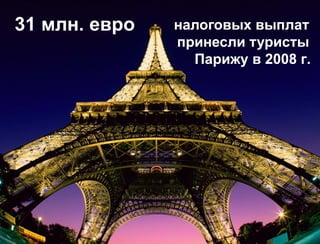 налоговых выплат
принесли туристы
  Парижу в 2008 г.
 
