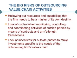 THE BIG RISKS OF OUTSOURCING
VALUE CHAIN ACTIVITIES
 Hollowing out resources and capabilities that
the firm needs to be a master of its own destiny.
 Loss of control when monitoring, controlling,
and coordinating activities of outside parties by
means of contracts and arm’s-length
transactions.
 Lack of incentives for outside parties to make
investments specific to the needs of the
outsourcing firm’s value chain.
6–15
 