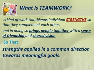 What Is TEAMWORK?
A kind of work that blends individual STRENGTHS so
that they complement each other,
and in doing so brings people together with a sense
of friendship and shared vision
So That
strengths applied in a common direction
towards meaningful goals.
3
 