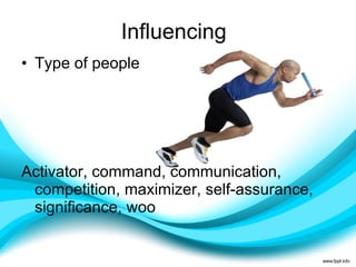 Influencing Type of people Activator, command, communication, competition, maximizer, self-assurance, significance, woo 