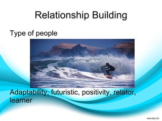 Relationship Building Type of people Adaptability, futuristic, positivity, relator, learner 