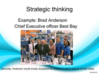 Strategic thinking Example: Brad Anderson Chief Executive officer Best Bay  Specialty: Anderson would simply disappear for weeks on end in search of new ideas 