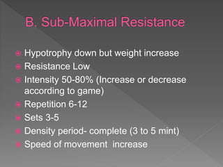  Hypotrophy down but weight increase
 Resistance Low
 Intensity 50-80% (Increase or decrease
according to game)
 Repetition 6-12
 Sets 3-5
 Density period- complete (3 to 5 mint)
 Speed of movement increase
 
