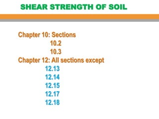 SHEAR STRENGTH OF SOIL
Chapter 10: Sections
10.2
10.3
Chapter 12: All sections except
12.13
12.14
12.15
12.17
12.18
 