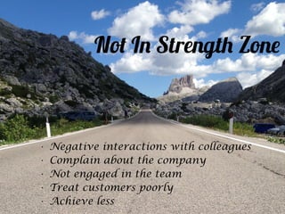 Not In Strength Zone
• Negative interactions with colleagues
• Complain about the company
• Not engaged in the team
• Treat customers poorly
• Achieve less
 