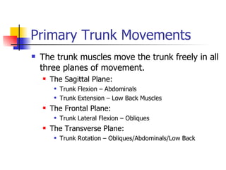 Primary Trunk Movements The trunk muscles move the trunk freely in all three planes of movement. The Sagittal Plane: Trunk Flexion – Abdominals Trunk Extension – Low Back Muscles The Frontal Plane: Trunk Lateral Flexion – Obliques The Transverse Plane: Trunk Rotation – Obliques/Abdominals/Low Back 
