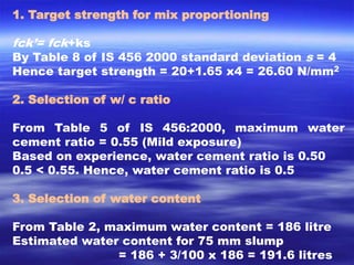 1. Target strength for mix proportioning 
fck’= fck+ks 
By Table 8 of IS 456 2000 standard deviation s = 4 
Hence target strength = 20+1.65 x4 = 26.60 N/mm2 
2. Selection of w/ c ratio 
From Table 5 of IS 456:2000, maximum water 
cement ratio = 0.55 (Mild exposure) 
Based on experience, water cement ratio is 0.50 
0.5 < 0.55. Hence, water cement ratio is 0.5 
3. Selection of water content 
From Table 2, maximum water content = 186 litre 
Estimated water content for 75 mm slump 
= 186 + 3/100 x 186 = 191.6 litres 
 
