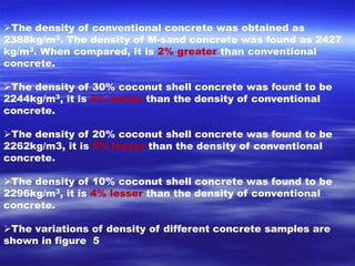 The density of conventional concrete was obtained as 
2388kg/m3. The density of M-sand concrete was found as 2427 
kg/m3. When compared, it is 2% greater than conventional 
concrete. 
The density of 30% coconut shell concrete was found to be 
2244kg/m3, it is 6% lesser than the density of conventional 
concrete. 
The density of 20% coconut shell concrete was found to be 
2262kg/m3, it is 5% lesser than the density of conventional 
concrete. 
The density of 10% coconut shell concrete was found to be 
2296kg/m3, it is 4% lesser than the density of conventional 
concrete. 
The variations of density of different concrete samples are 
shown in figure 5 
 