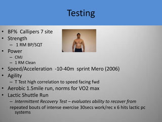 The ScrumAthlete in a position  with hip/knee flexed , wide base, forces coming down and through the spine=Squat  and it’s variationsAthlete uses a strong leg drive while keeping good posture=Dead Lift  Start Pos for OL’sAthlete uses high intensity short bursts  of con/iso/ecc contractions=Clusters/high load/eccentric contraction/wrestling