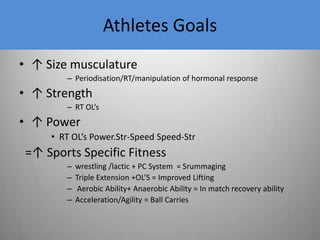 TestingBF%  Callipers 7 site Strength 1 RM BP/SQT  PowerCMJ  1 RM CleanSpeed/Acceleration  -10-40m  sprint Mero (2006)AgilityT Test high correlation to speed facing fwdAerobic 1.5mile run, norms for VO2 maxLactic Shuttle Run Intermittent Recovery Test – evaluates ability to recover fromrepeated bouts of intense exercise 30secs work/rec x 6 hits lactic pc systems