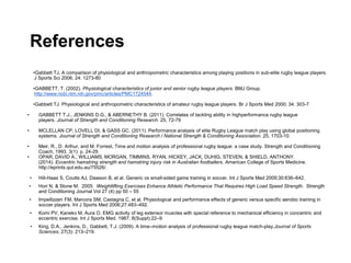 References
•Gabbett TJ. A comparison of physiological and anthropometric characteristics among playing positions in sub-elite rugby league players.
J Sports Sci 2006; 24: 1273-80
•GABBETT, T. (2002). Physiological characteristics of junior and senior rugby league players. BMJ Group.
http://www.ncbi.nlm.nih.gov/pmc/articles/PMC1724544.
•Gabbett TJ. Physiological and anthropometric characteristics of amateur rugby league players. Br J Sports Med 2000; 34: 303-7
• GABBETT T.J., JENKINS D.G., & ABERNETHY B. (2011). Correlates of tackling ability in highperformance rugby league
players. Journal of Strength and Conditioning Research. 25, 72-79
• MCLELLAN CP, LOVELL DI, & GASS GC. (2011). Performance analysis of elite Rugby League match play using global positioning
systems. Journal of Strength and Conditioning Research / National Strength & Conditioning Association. 25, 1703-10.
• Meir, R., D. Arthur, and M. Forrest, Time and motion analysis of professional rugby league: a case study. Strength and Conditioning
Coach, 1993. 3(1): p. 24-29.
• OPAR, DAVID A., WILLIAMS, MORGAN, TIMMINS, RYAN, HICKEY, JACK, DUHIG, STEVEN, & SHIELD, ANTHONY.
(2014). Eccentric hamstring strength and hamstring injury risk in Australian footballers. American College of Sports Medicine.
http://eprints.qut.edu.au/75526/.
• Hill-Haas S, Coutts AJ, Dawson B, et al. Generic vs small-sided game training in soccer. Int J Sports Med 2009;30:636–642.
• Hori N. & Stone M. 2005. Weightlifting Exercises Enhance Athletic Performance That Requires High Load Speed Strength. Strength
and Conditioning Journal Vol 27 (4) pp 50 – 55
• Impellizzeri FM, Marcora SM, Castagna C, et al. Physiological and performance effects of generic versus specific aerobic training in
soccer players. Int J Sports Med 2006;27:483–492.
• Komi PV, Kaneko M, Aura O. EMG activity of leg extensor muscles with special reference to mechanical efficiency in concentric and
eccentric exercise. Int J Sports Med. 1987; 8(Suppl):22–9
• King, D.A., Jenkins, D., Gabbett, T.J. (2009). A time–motion analysis of professional rugby league match-play.Journal of Sports
Sciences, 27(3): 213–219.
 