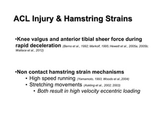 ACL Injury & Hamstring Strains
•Knee valgus and anterior tibial sheer force during
rapid deceleration (Berns et al., 1992; Markolf, 1995; Hewett et al., 2005a, 2005b;
Wallace et al., 2012)
•Non contact hamstring strain mechanisms
▪ High speed running (Yamamoto, 1993; Woods et al.,2004)
▪ Stretching movements (Askling et al., 2002; 2003)
• Both result in high velocity eccentric loading
 
