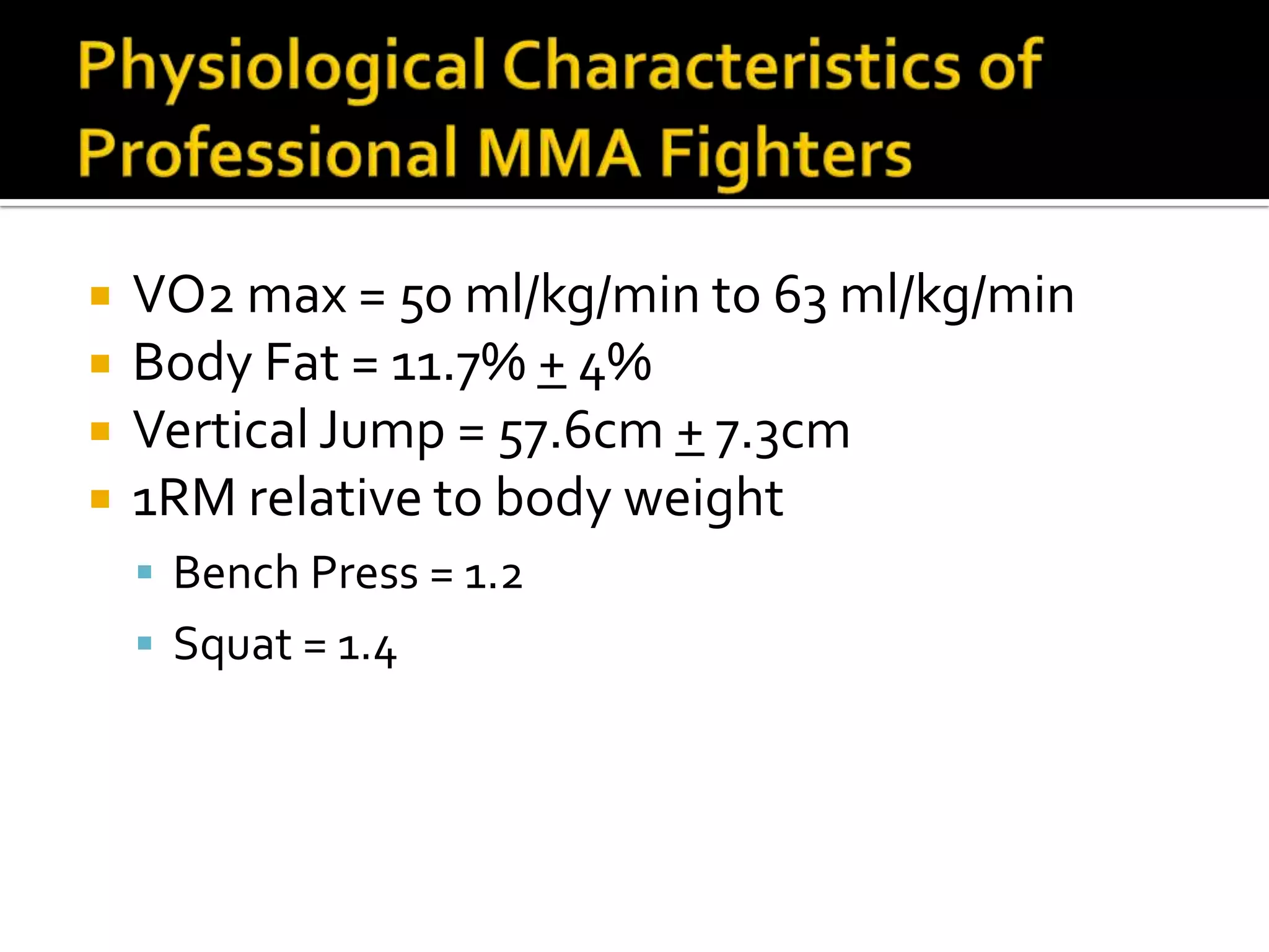    VO2 max = 50 ml/kg/min to 63 ml/kg/min
   Body Fat = 11.7% + 4%
   Vertical Jump = 57.6cm + 7.3cm
   1RM relative to body weight
     Bench Press = 1.2
     Squat = 1.4
 