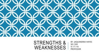 STRENGTHS &
WEAKNESSES
BY: JAQUANDRIA HAYES
SEI/300
9/17/18
PROFESSOR
 