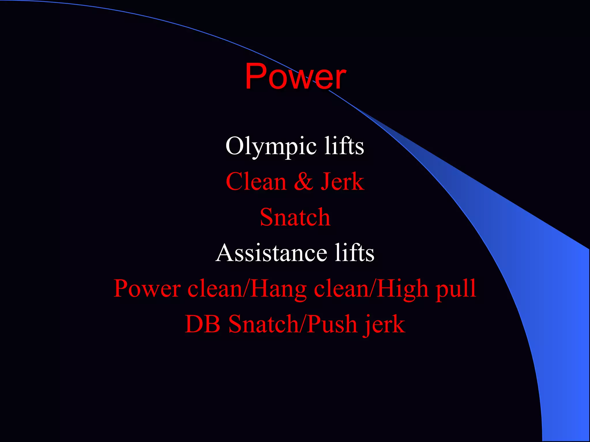 Power Olympic lifts Clean & Jerk Snatch Assistance lifts Power clean/Hang clean/High pull DB Snatch/Push jerk 