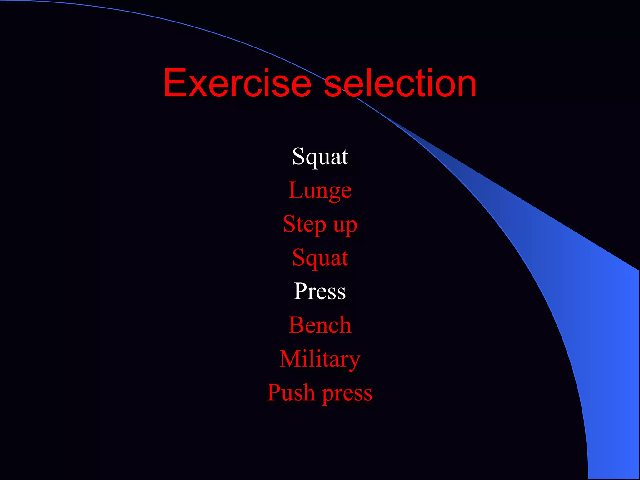 Exercise selection Squat Lunge Step up Squat Press Bench Military Push press 