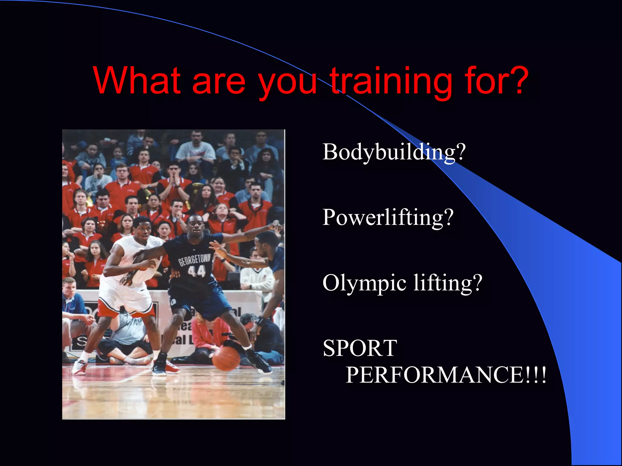 What are you training for? Bodybuilding? Powerlifting? Olympic lifting? SPORT PERFORMANCE!!! 