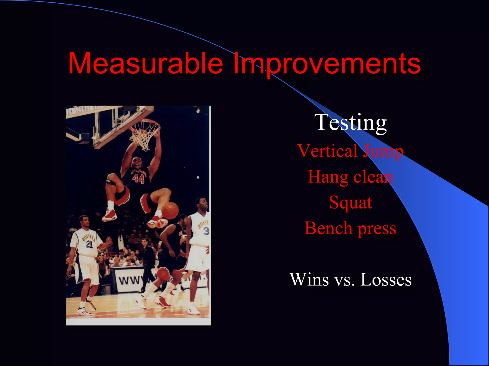 Measurable Improvements Testing Vertical Jump Hang clean Squat Bench press Wins vs. Losses 