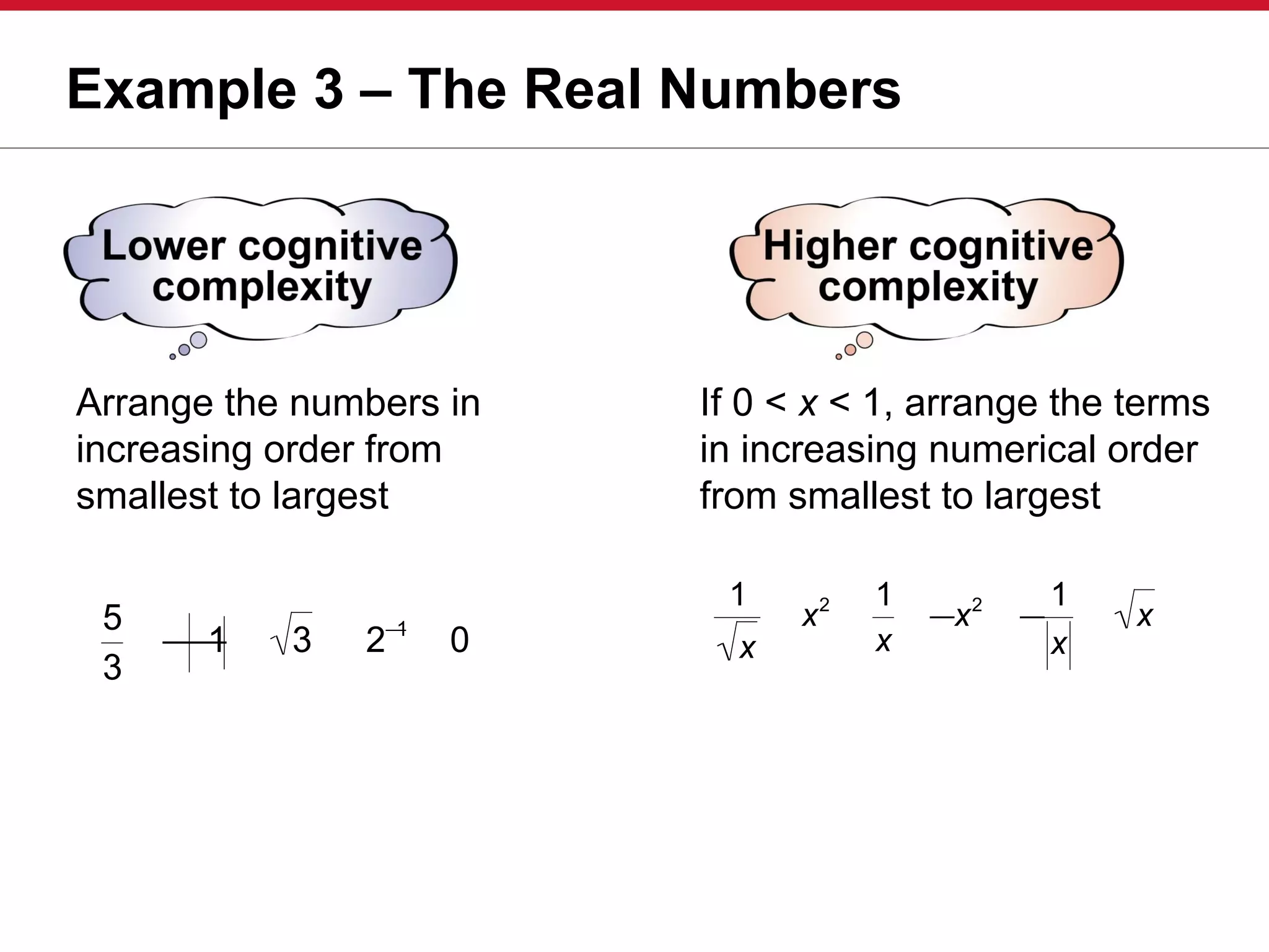 Example 3 – The Real Numbers
Arrange the numbers in
increasing order from
smallest to largest
If 0 < x < 1, arrange the terms
in increasing numerical order
from smallest to largest
1
x
x2 1
x
−x2
−
1
x
x5
3
−−1 3 2−1
0
 
