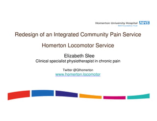 Redesign of an Integrated Community Pain Service
Homerton Locomotor Service
Elizabeth Slee
Clinical specialist physiotherapist in chronic pain
Twitter @QIhomerton
www.homerton.locomotor
 