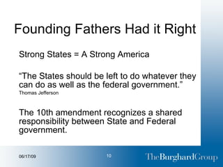 Founding Fathers Had it Right Strong States = A Strong America “ The States should be left to do whatever they can do as well as the federal government.” Thomas Jefferson The 10th amendment recognizes a shared responsibility between State and Federal government. 
