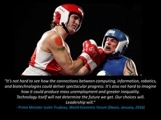 “It’s not hard to see how the connections between computing, information, robotics,
and biotechnologies could deliver spectacular progress. It’s also not hard to imagine
how it could produce mass unemployment and greater inequality.
Technology itself will not determine the future we get. Our choices will.
Leadership will.”
- Prime Minister Justin Trudeau, World Economic Forum (Davos, January, 2016)
 