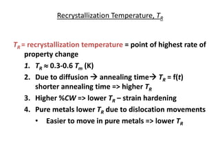 Recrystallization Temperature, TR
TR = recrystallization temperature = point of highest rate of
property change
1. TR  0.3-0.6 Tm (K)
2. Due to diffusion  annealing time TR = f(t)
shorter annealing time => higher TR
3. Higher %CW => lower TR – strain hardening
4. Pure metals lower TR due to dislocation movements
• Easier to move in pure metals => lower TR
 