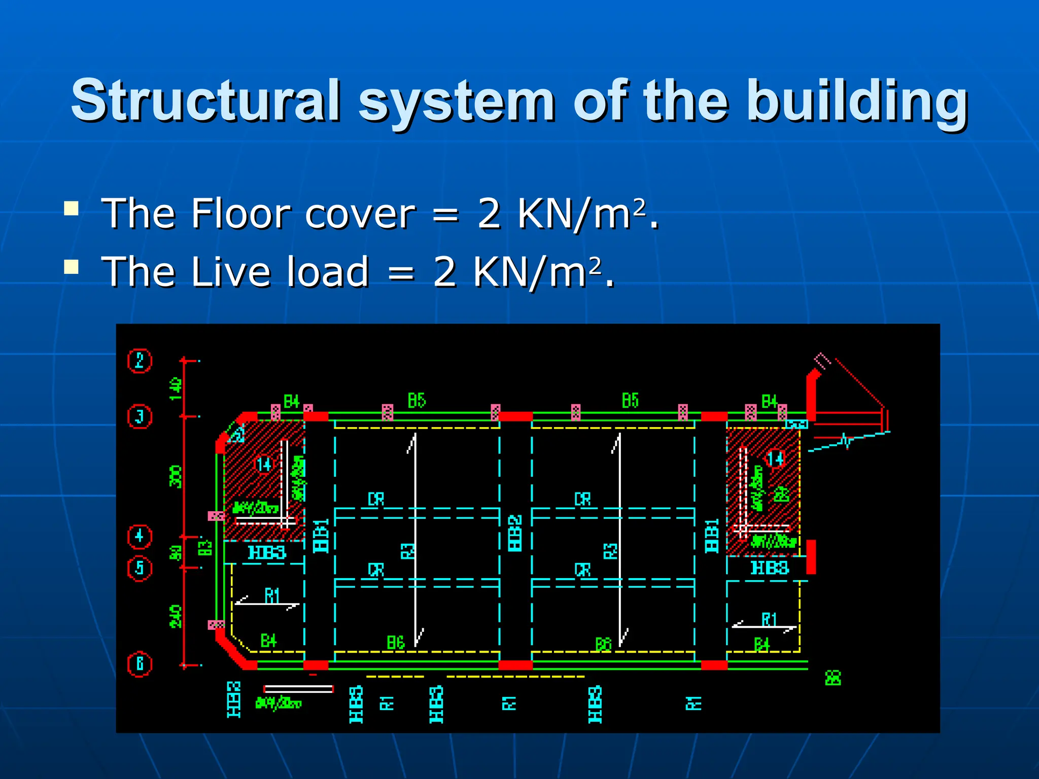 Structural system of the building
Structural system of the building

The Floor cover = 2 KN/m
The Floor cover = 2 KN/m2
2
.
.

The Live load = 2 KN/m
The Live load = 2 KN/m2
2
.
.
 
