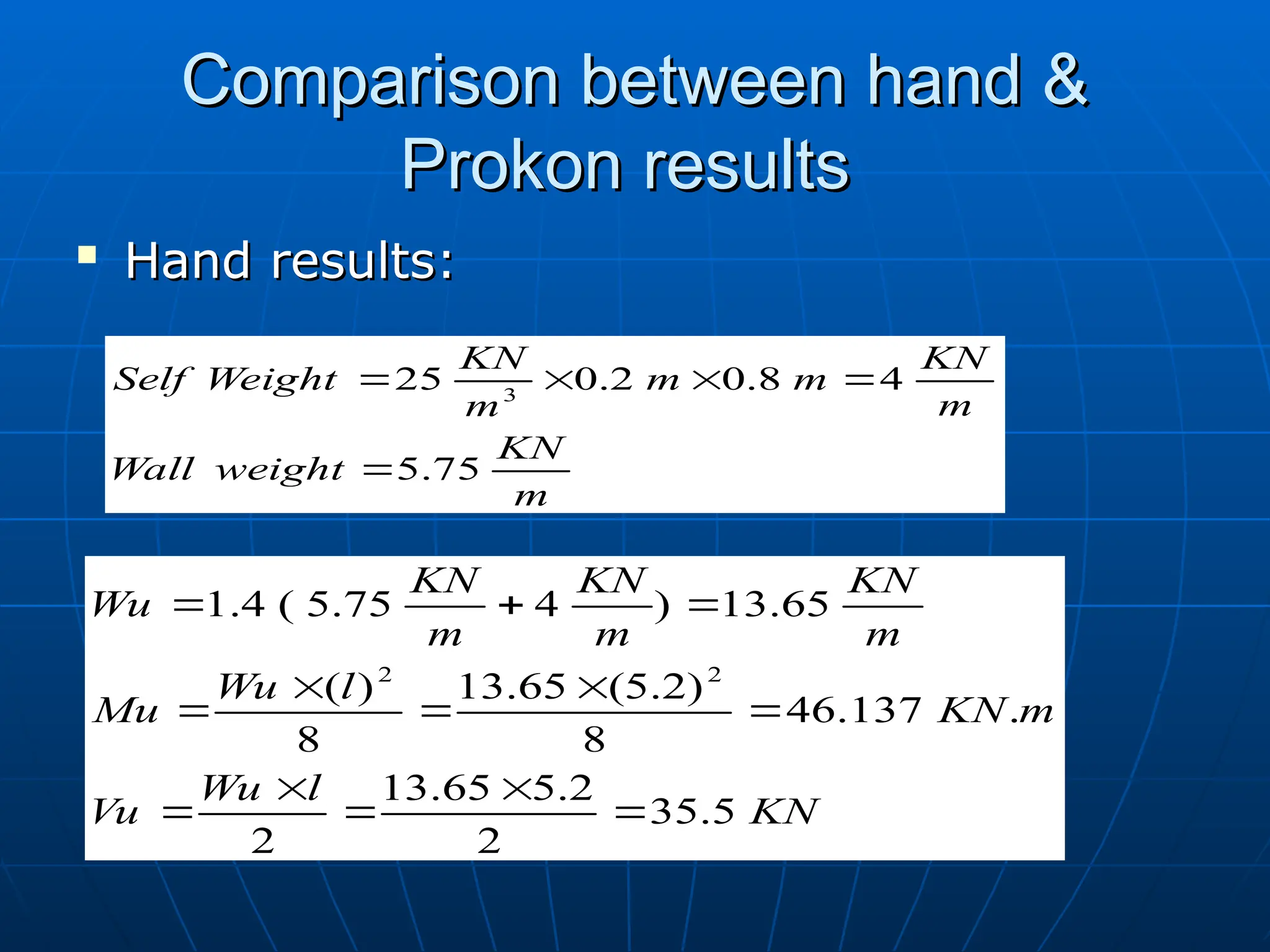 Comparison between hand &
Comparison between hand &
Prokon results
Prokon results

Hand results:
Hand results:
m
KN
weight
Wall
m
KN
m
m
m
KN
Weight
Self
75
.
5
4
8
.
0
2
.
0
25 3





KN
l
Wu
Vu
m
KN
l
Wu
Mu
m
KN
m
KN
m
KN
Wu
5
.
35
2
2
.
5
65
.
13
2
.
137
.
46
8
)
2
.
5
(
65
.
13
8
)
(
65
.
13
)
4
75
.
5
(
4
.
1
2
2













 